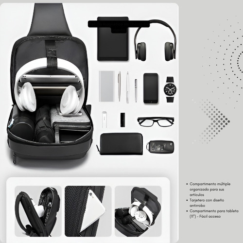Bandolera Morral Multidivisoria Usb Impermeable Premium Negro Liso Níquel Negro