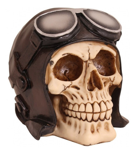 Caveira Resina Capacete Aviador Marrom 12cm Skull Avião