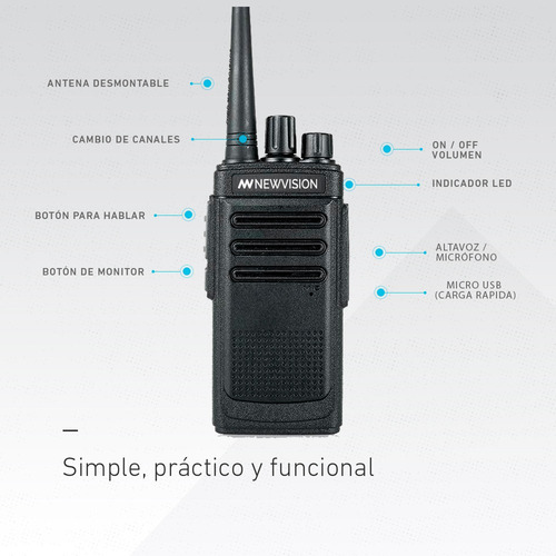Imagen 6 de 10 de Handy Radio Walkie Talkie Newvision Uhf 16 Ch + Auricular
