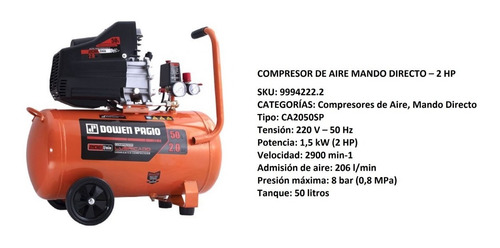 Imagen 2 de 3 de Compresor De Aire 50 Lts. 2 Hp Dowen Pagio 9994222.2