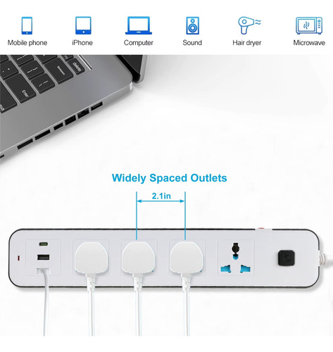 Zapatilla Universal 4 Tomas 2 Usb + 1 Tipo C + Segura Niños