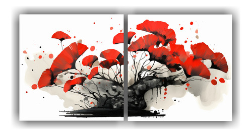 120x60cm Cuadro Ginkgo Biloba Bonsái Rojo Y Negro Abstracto