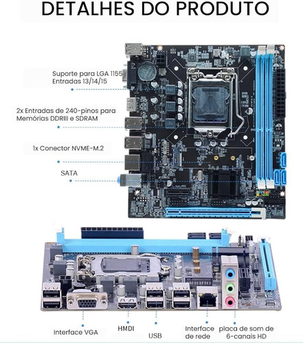 Kit Processador I5 3470 + Placa H61 1155 + 8gb Ddr3 1600mhz Preto
