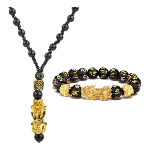 Kit Sorte Colar Feng Shui Pixiu Pedras Obsidianas + Pulseira