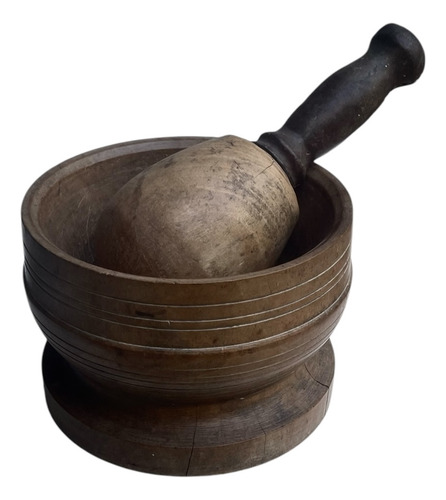 Mortero Más Mazo Antiguo Madera Maciza Y Cuero (Usado)