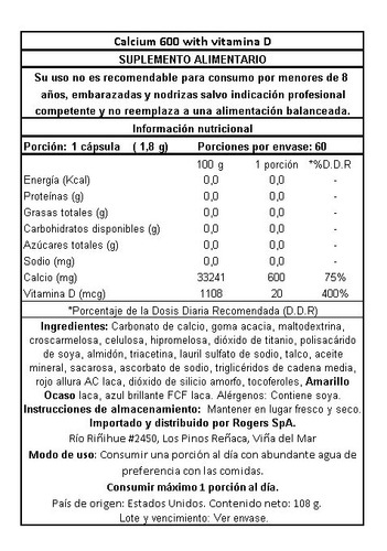 Calcio 600mg + Vitamina D3 60 Comprimidos Nature's Truth