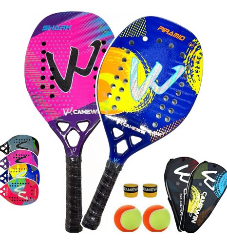 Kit 2 Raquetes Beach Tennis Camewin Carbono 3k Shark Piramid Cor Shark Pink / Piramid Azul