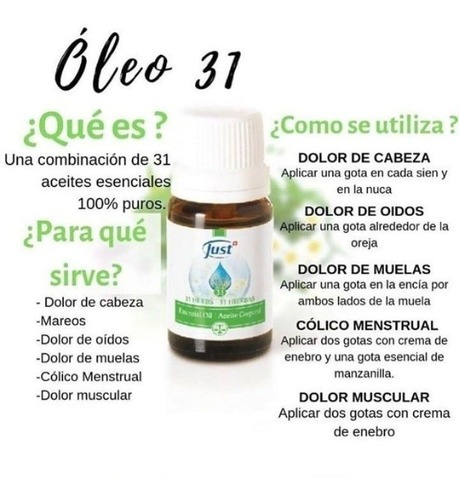 ÓLEO 31 Swiss Just . Compuesto por una combinacion de 31 aceites esenciales 100% puros. Refresca y revitaliza, alivia el dolor de cabeza y minimiza la tensión acumulada en músculos y articulaciones.