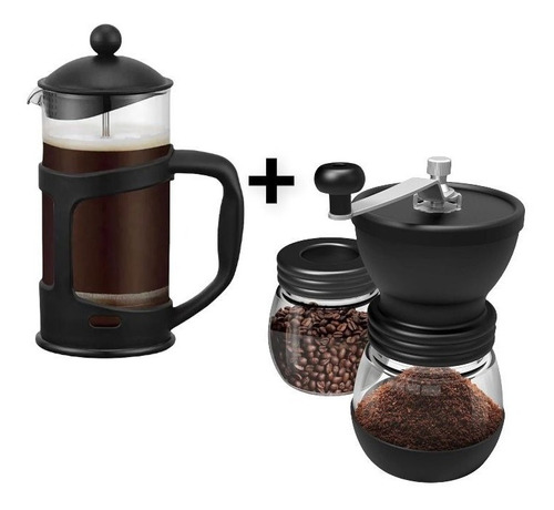 Combo Cafetera Prensa Francesa 600ml Molino Vidrio Graduable