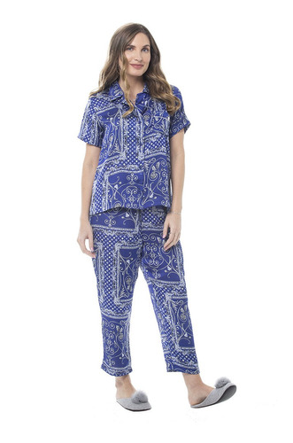 Pijama Azul Longo Blusa Manga Curta Cetim Estampado
