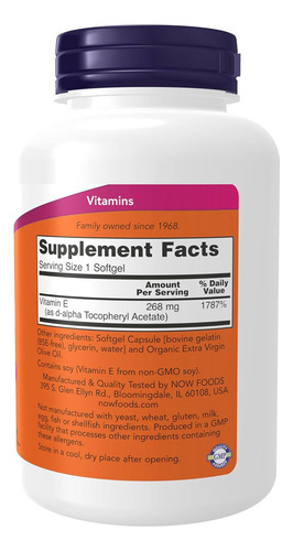 Vitamina E-400 Now Foods D-alfa Tocoferol 250sof Importado