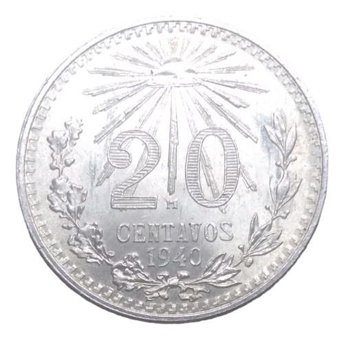 Moneda 20 Centavos Resplandor Plata Ley 720 Año 1940 Nueva 