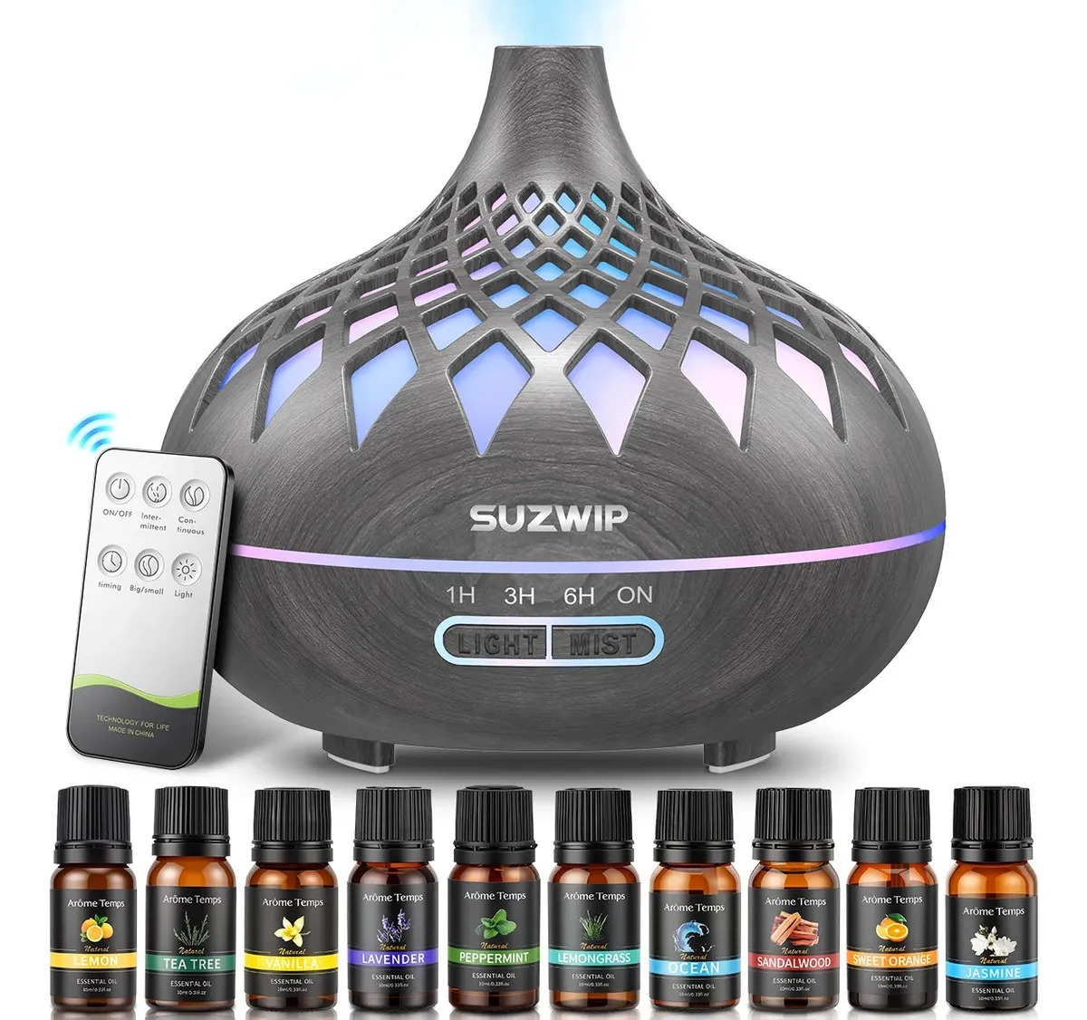 Humidificador De Aire Difusor Aroma 2 En 1 650ml, Suzwip Humidificador Difusor Eléctrico Con 10 Aceites Esenciales Y Luz Led, Control Remoto Y 1/3/6h Temporizador Casa