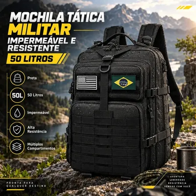 Bolsa Tática Mochila Militar Impermeável E Resistente 50 Litros Preto Para Viagem Trabalho Estudos