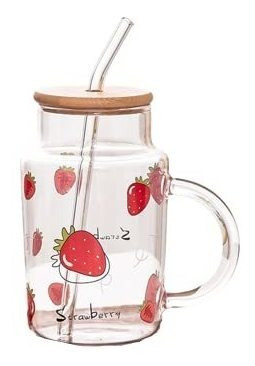 Richtrue Vaso Vidrio Fresa Pajilla Botella Agua Kawaii Tapa