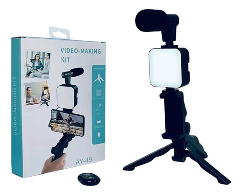 Kit Para Streaming Vlogs Tripode Luz Micrófon Palo Selfies Color Negro