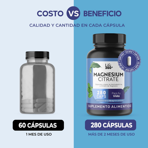 Imagen 6 de 9 de Suplemento Citrato Magnesio Life 360+ 280 Cápsulas Sabor Neutro
