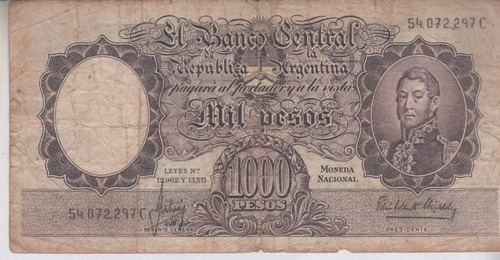 Billete Argentina $ 1000 Moneda Nacional - Año 1965 - B 2159 (Usado)