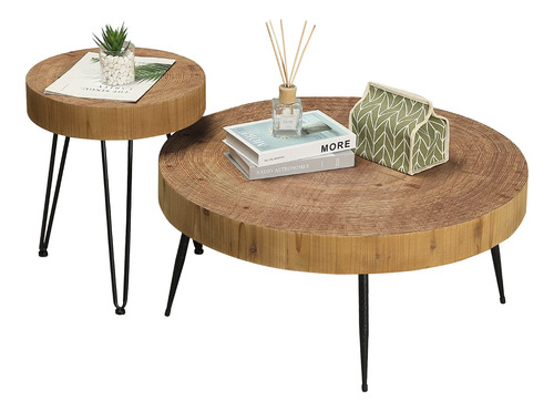 Rustown Farmhouse Round Coffee Table Set Of 2, Cocktail Tab.