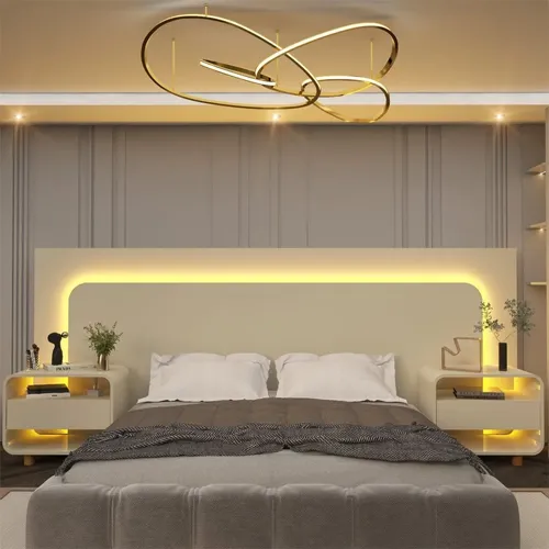 Cabeceira Box Casal Com 2 Mesas De Cabeceira ​Com Led Cj Off White