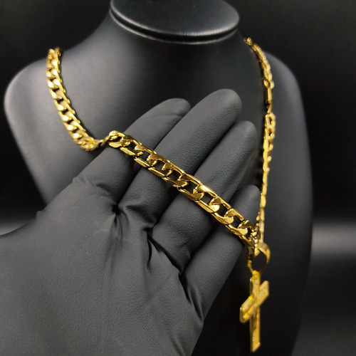 Corrente 100% Tungstênio Masculina Cruz Crucifixo Jesus Cor Dourado