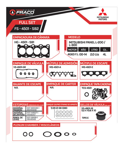 Empacaduras Motor Mitsubishi Panel L-200 L-300 4g63 Fi 2.0