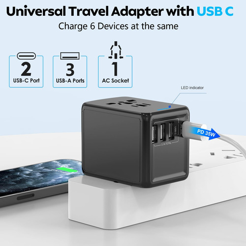 Adaptador De Viaje Universal Pd 35 W Con 3 Puertos Usb-a Y 2