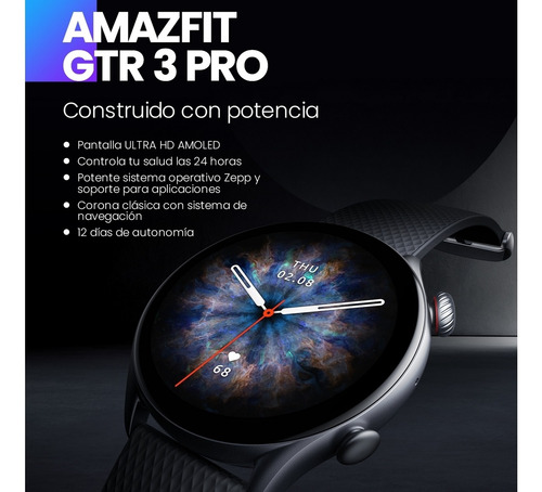 Smartwatch Amazfit GTR 3 Pro 1.45" caja 46mm de aleación de aluminio infinite black, malla infinite black de fluoroelastómero A2040