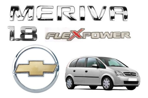 Kit Emblemas Meriva + 1.8 + Gravata Mala Dourada + Flexpower