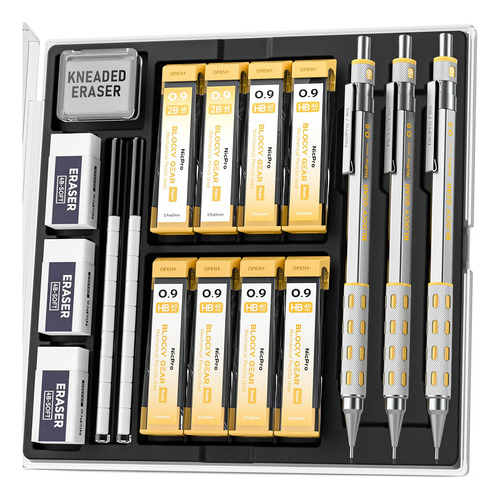 Set Portaminas Plateados Amarillo Punta 0.9mm Con Minas 3 Pz