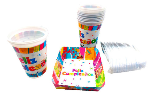 Kit Fiesta Cumpleaños Vasos Platos Y Cubiertos X 12 Units