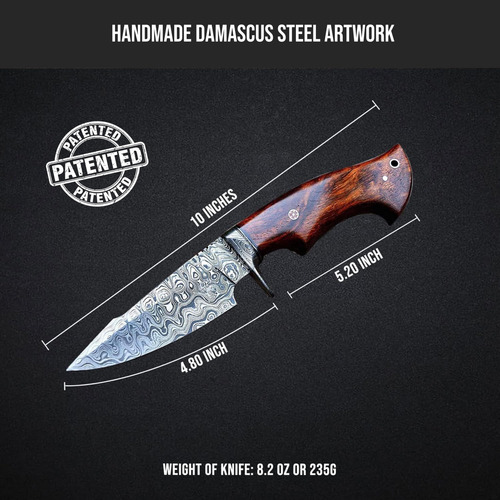 Cuchillo De Caza Damasco 10 Pulgadas Con Funda De Cuero