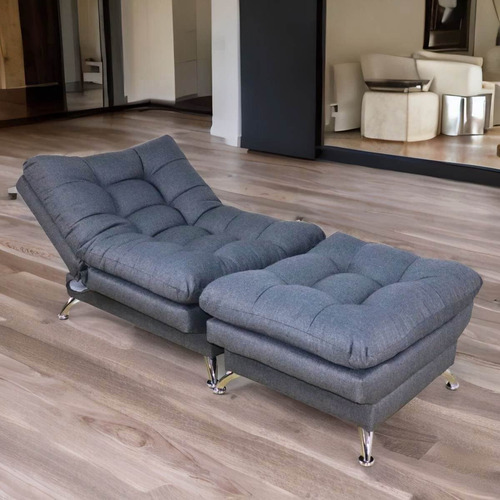 Sillón Con Taburete Futon Individual Sofa Cama Lino Hueso