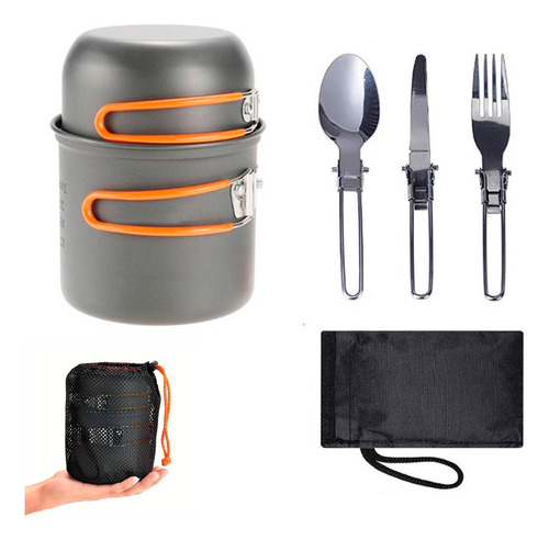 Kit Utensilios De Cocina Para Acampar Set Camping Portátil Color Gris Con Naranja