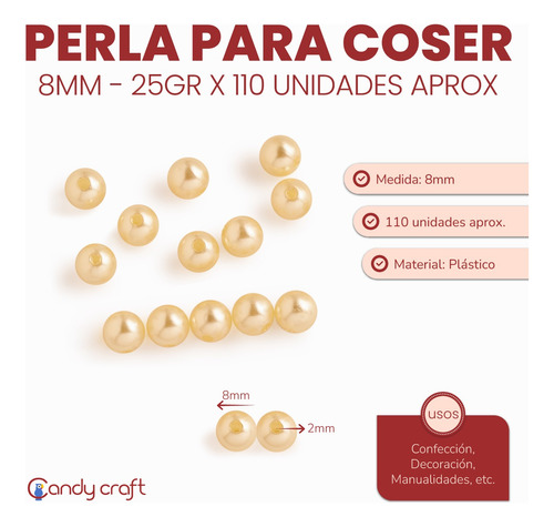 Perlas Para Coser 8mm X110u 25g Plásticas Cuentas Mostacilla