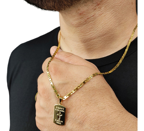 Corrente Colar Masculino Tungstênio + Pingente Oração Cor Ouro 18k
