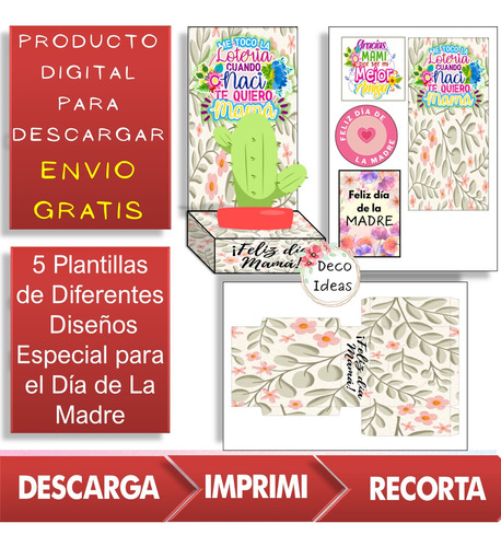 Kit Imprimible 03 Portamacetas Dia De La Madre Cactus + Tag