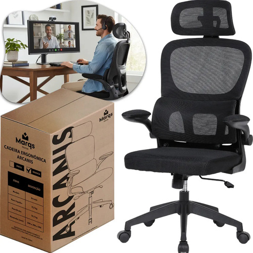 Cadeira Escritório Presidente Ergonômica NR17 Marqs Home Arcanis Preta com Apoio Lombar e Encosto Mesh Premium