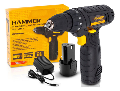 Furadeira Parafusadeira 12v Lítio C/kit Bivolt Pli-10 Hammer