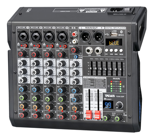 Mesa De Som Tklbls Tds6 48v 6 Canais Mixer 99 Efeitos Fx Usb Mp3 Equalizador 110-240v