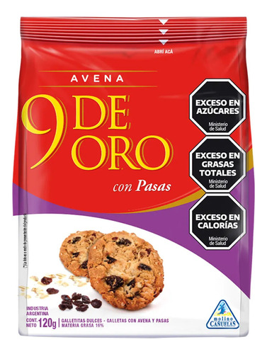 Pack X 3 Unid Galletitas  Avena Pasas 120 Gr 9 De Oro Galle