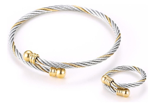 Set Pulsera Y Anillo Hombre Oro 14k Lam Y Acero Inoxidable Color Blanco Diámetro 17 Cm