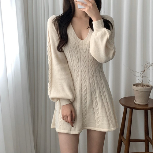 Elegante Minisuéter De Punto Con Cuello En V Y Manga Larga E
