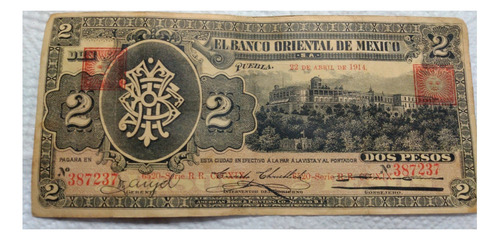 Billete El Banco Oriental De Mexico $2 Pesos 1914 (Usado)