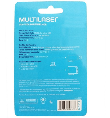 3 Em 1 Micro Sd 16gb Cartão Sd Pendrive Adaptador Multilaser