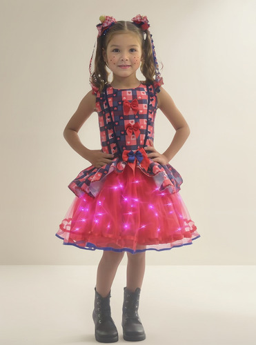 Vestido Festa Junina Xadrez Tule Vermelho Com Led