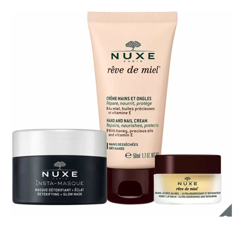 Imagen 1 de 4 de Nuxe Moisturizing Kit, Honey Lipbalm +detox Mask +hand Cream