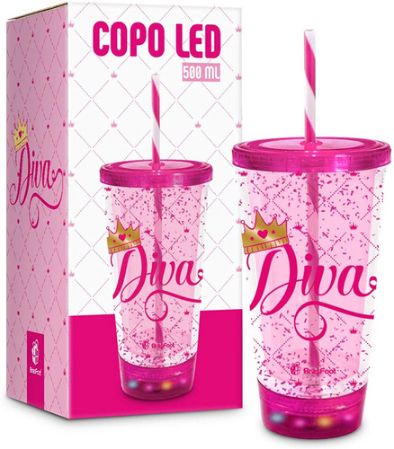 Copo De Led Diva Com Canudo 500ml Bpa Free - Brasfoot