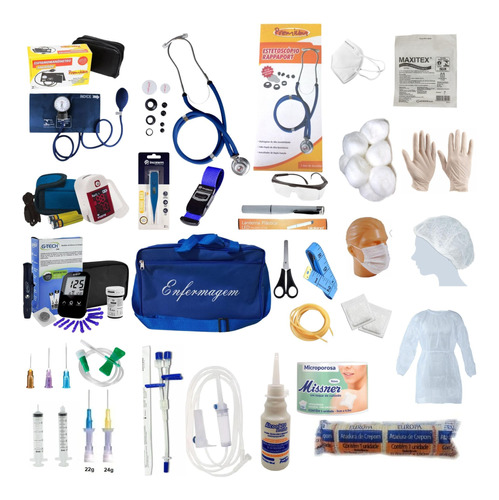 Kit Enfermagem Com 60 Itens Esteto E Esfigmo Completo Azul