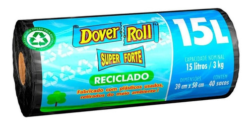 Saco De Lixo Preto Reciclado Dover Roll 15l 40 Unidades